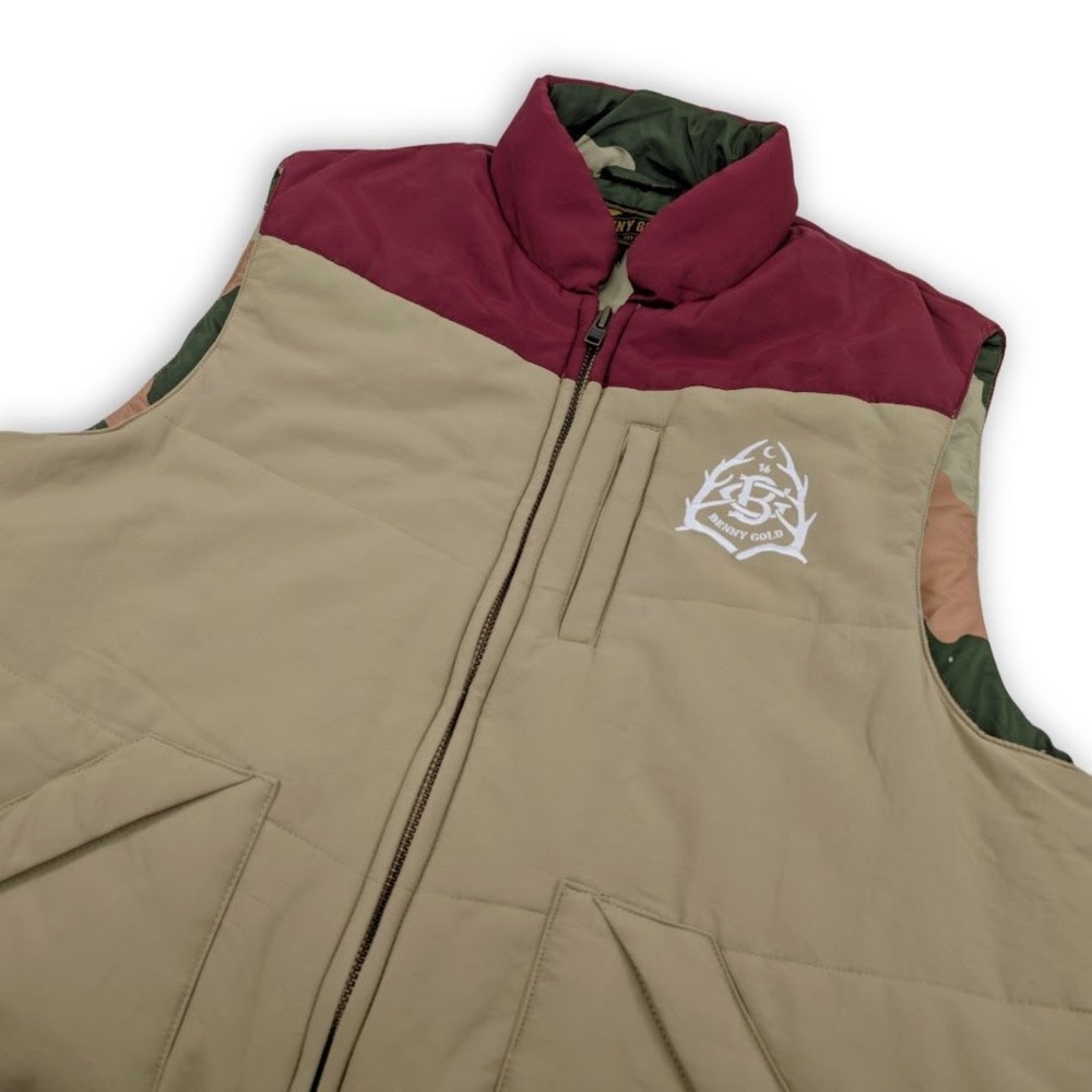 Benny Gold‎ Puffer Vest Mens XL Tan Burgundy Camo Lined Full Zip Streetwear
